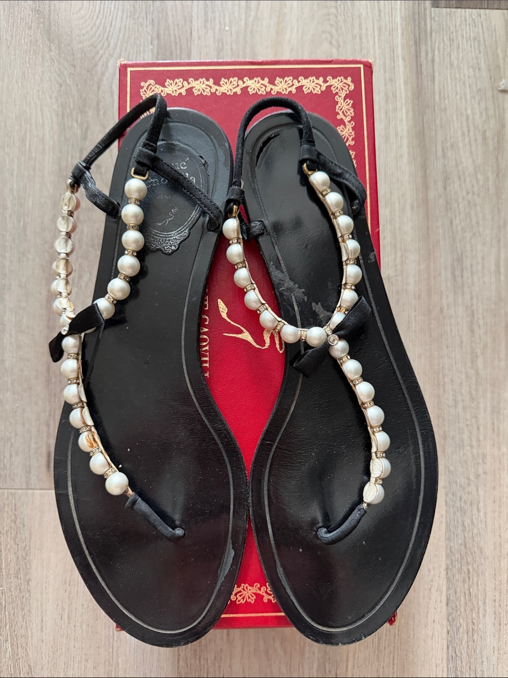 Rene Caovilla Black Sandals with Pearl Embellishments